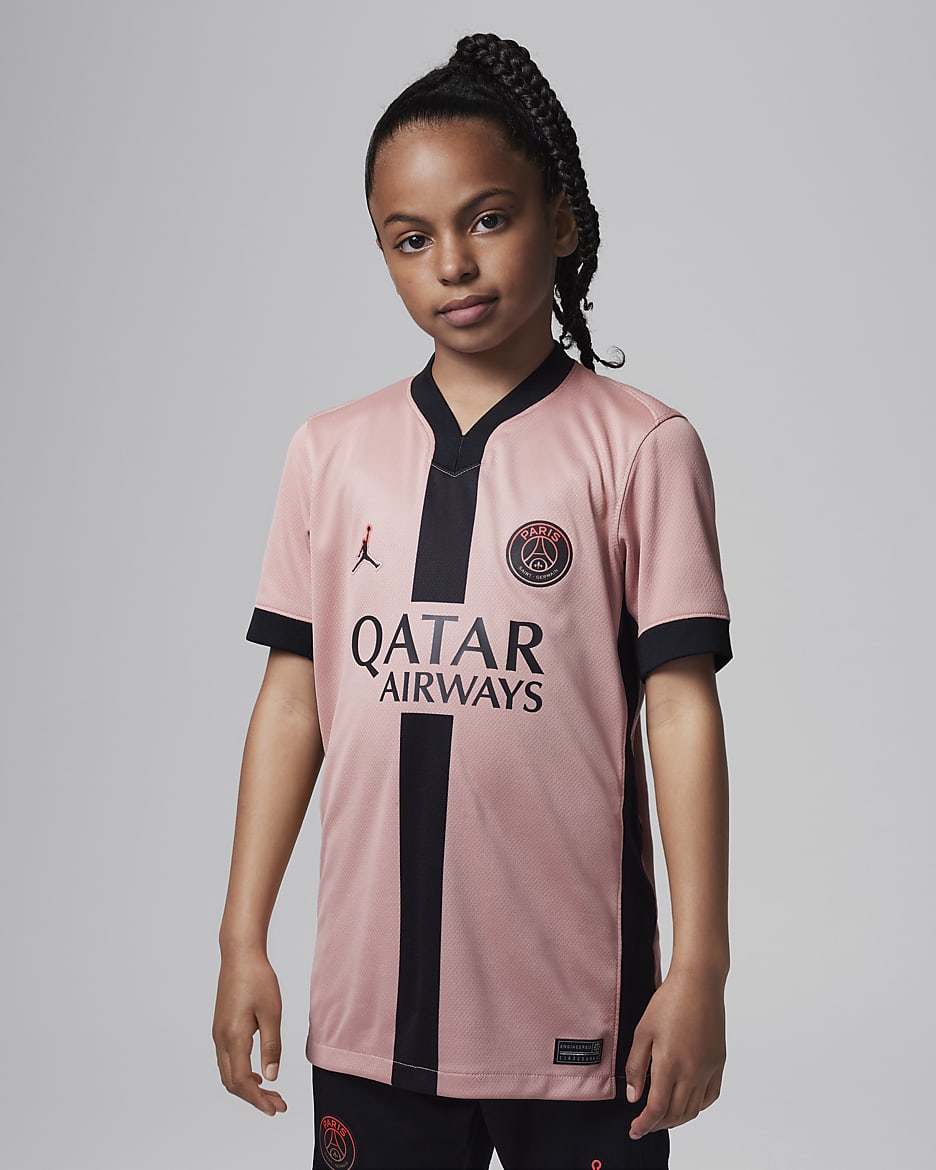 Paris Saint Germain 2024 25 Stadium Third Kids Jordan Soccer Jersey Pink YS